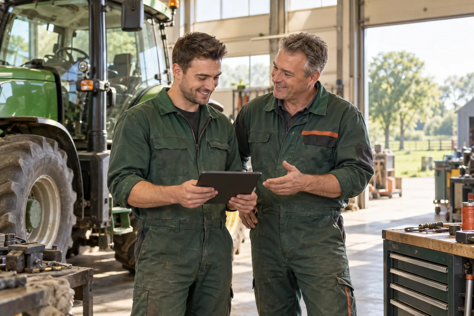 Twee monteurs overleggen ontspannen naast een tractor in een zonnige werkplaats.